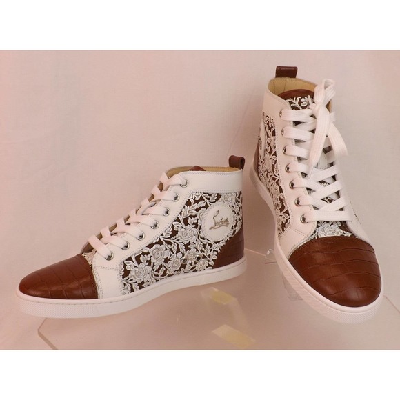 NIB LOUBOUTIN BIP BIP LASER FLORALS TAN CROC PRINT LEATHER HI TOP SNEAKERS 39.5 - Picture 7 of 12